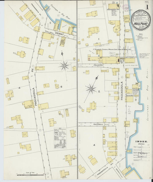 Sanborn Fire Insurance Map from Moss Point, Jackson County, Mississippi (1893), Sheet #0001 - Historic Sanborn Fire Insurance Map Print, vintage old map wall art, antique decor, genealogy gift, Mississippi Mississippi map