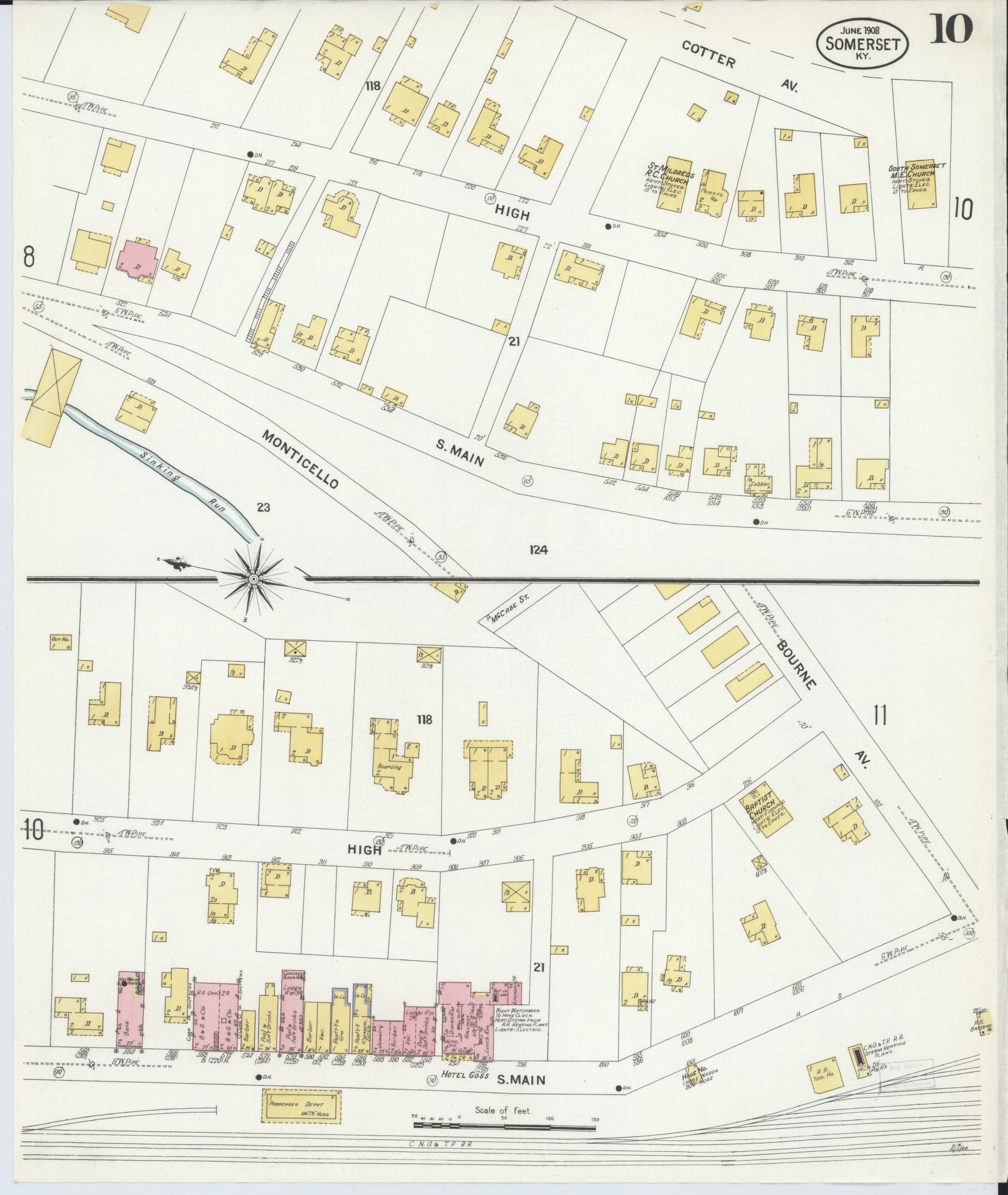 Sanborn Fire Insurance Map from Somerset, Pulaski County, Kentucky (1908), Sheet #0010 - Complete Map Set gallery image, historic Sanborn map, vintage wall art, Kentucky Kentucky