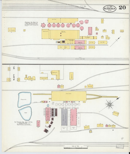 Sanborn Fire Insurance Map from Bessemer, Jefferson County, Alabama (1904), Sheet #0020 - Historic Sanborn Fire Insurance Map Print, vintage old map wall art, antique decor, genealogy gift, Alabama Alabama map