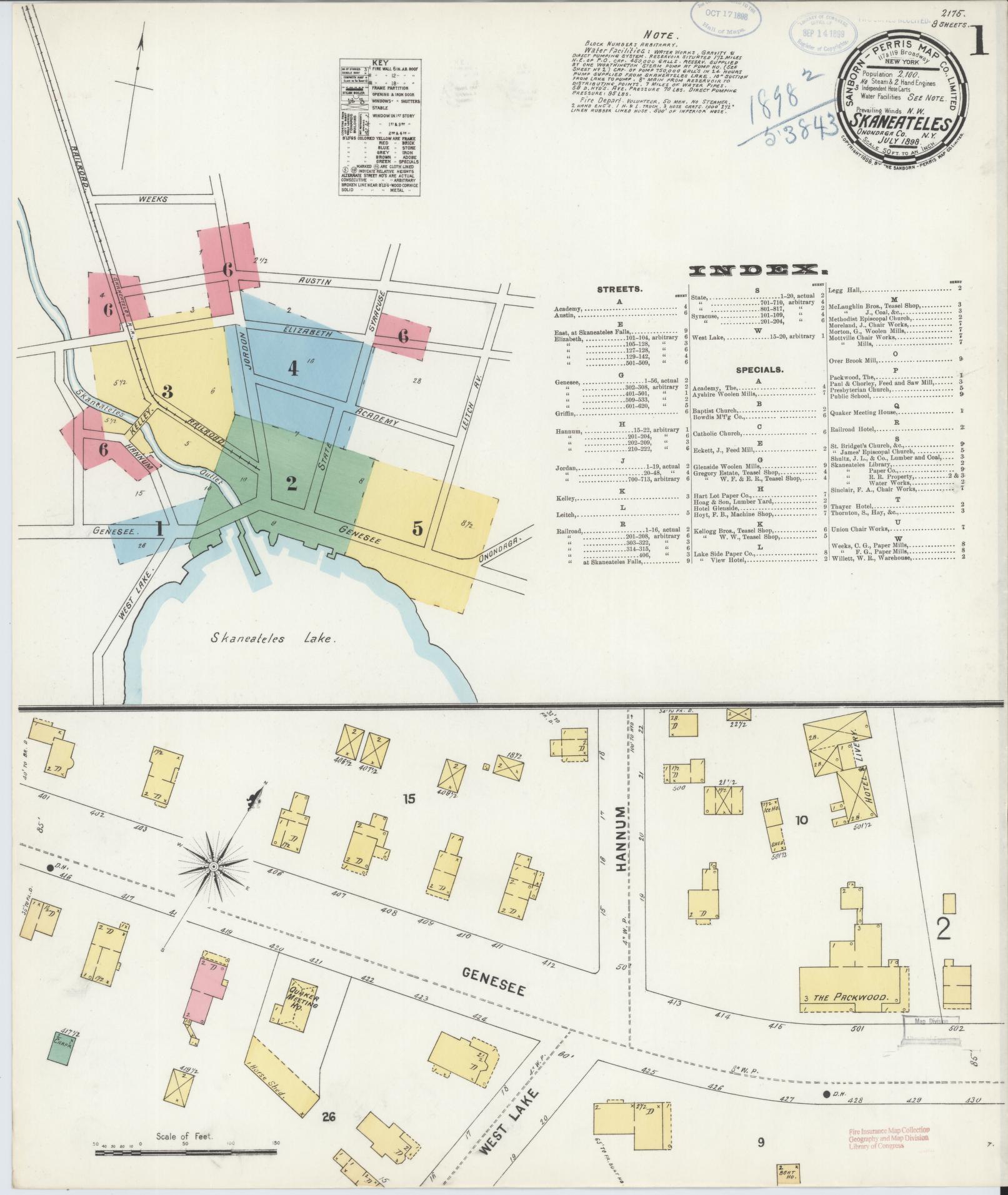 Sanborn Fire Insurance Map from Skaneateles, Onondaga County, New York (1898), Sheet #0001 - Historic Sanborn Fire Insurance Map Print, vintage old map wall art, antique decor, genealogy gift, New York New York map