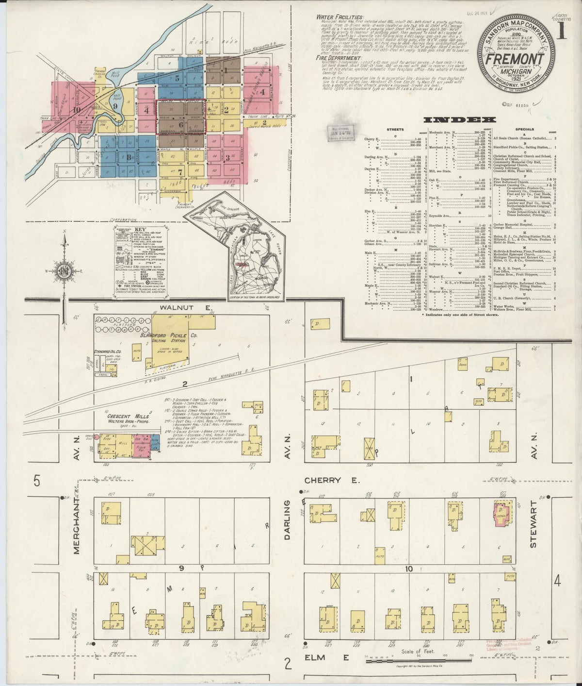 Sanborn Fire Insurance Map from Fremont, Newaygo County, Michigan (1921), Sheet #0001 - Historic Sanborn Fire Insurance Map Print, vintage old map wall art, antique decor, genealogy gift, Michigan Michigan map
