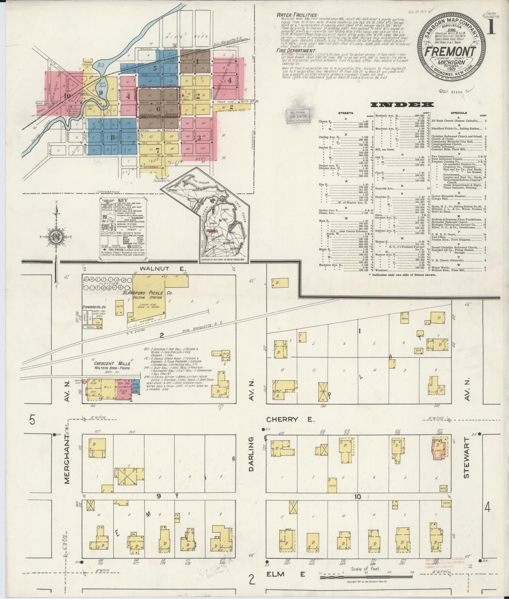 Sanborn Fire Insurance Map from Fremont, Newaygo County, Michigan (1921), Sheet #0001 - Historic Sanborn Fire Insurance Map Print, vintage old map wall art, antique decor, genealogy gift, Michigan Michigan map