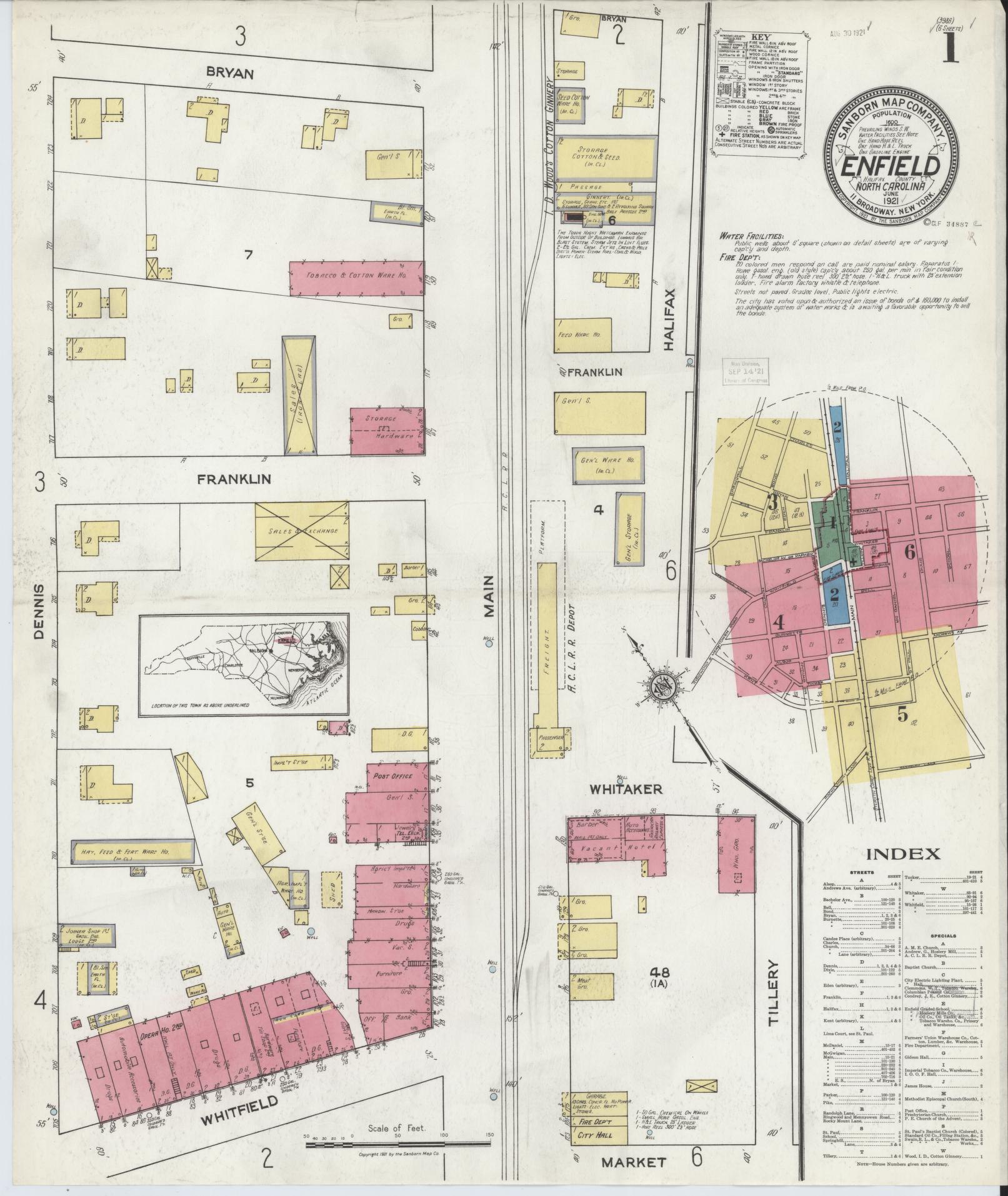 Sanborn Fire Insurance Map from Enfield, Halifax County, North Carolina (1921), Sheet #0001 - Complete Map Set gallery image, historic Sanborn map, vintage wall art, North Carolina North Carolina