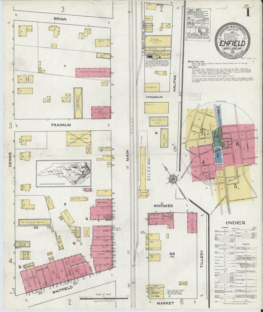 Sanborn Fire Insurance Map from Enfield, Halifax County, North Carolina (1921), Sheet #0001 - Complete Map Set gallery image, historic Sanborn map, vintage wall art, North Carolina North Carolina