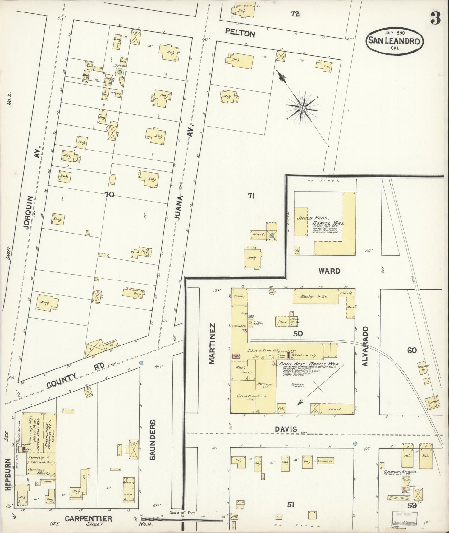 Sanborn Fire Insurance Map from San Leandro, Alameda County, California (1890), Sheet #0003 - Complete Map Set gallery image, historic Sanborn map, vintage wall art, California California