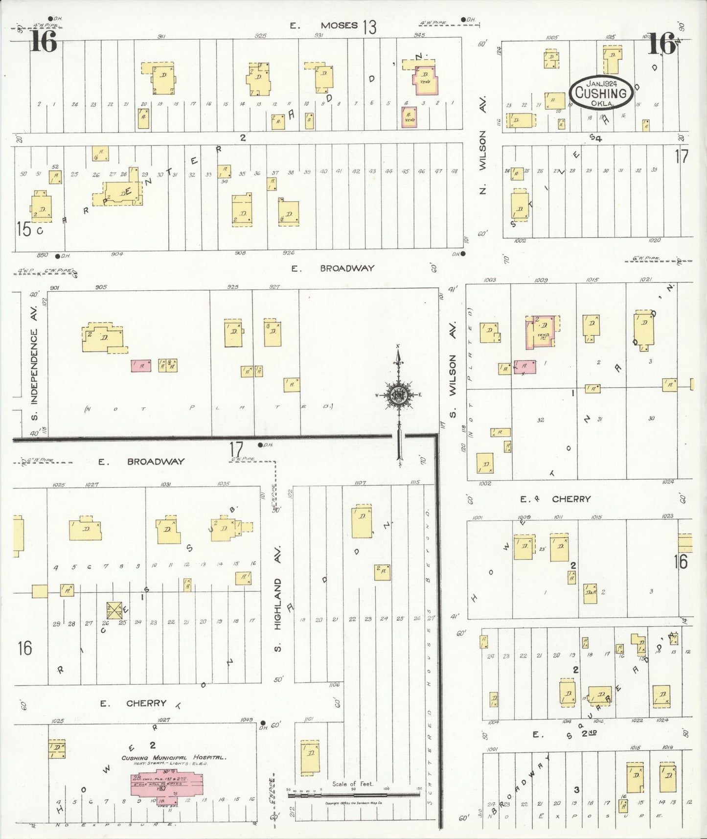 Sanborn Fire Insurance Map from Cushing, Payne County, Oklahoma (1924), Sheet #0016 - Historic Sanborn Fire Insurance Map Print, vintage old map wall art, antique decor, genealogy gift, Oklahoma Oklahoma map