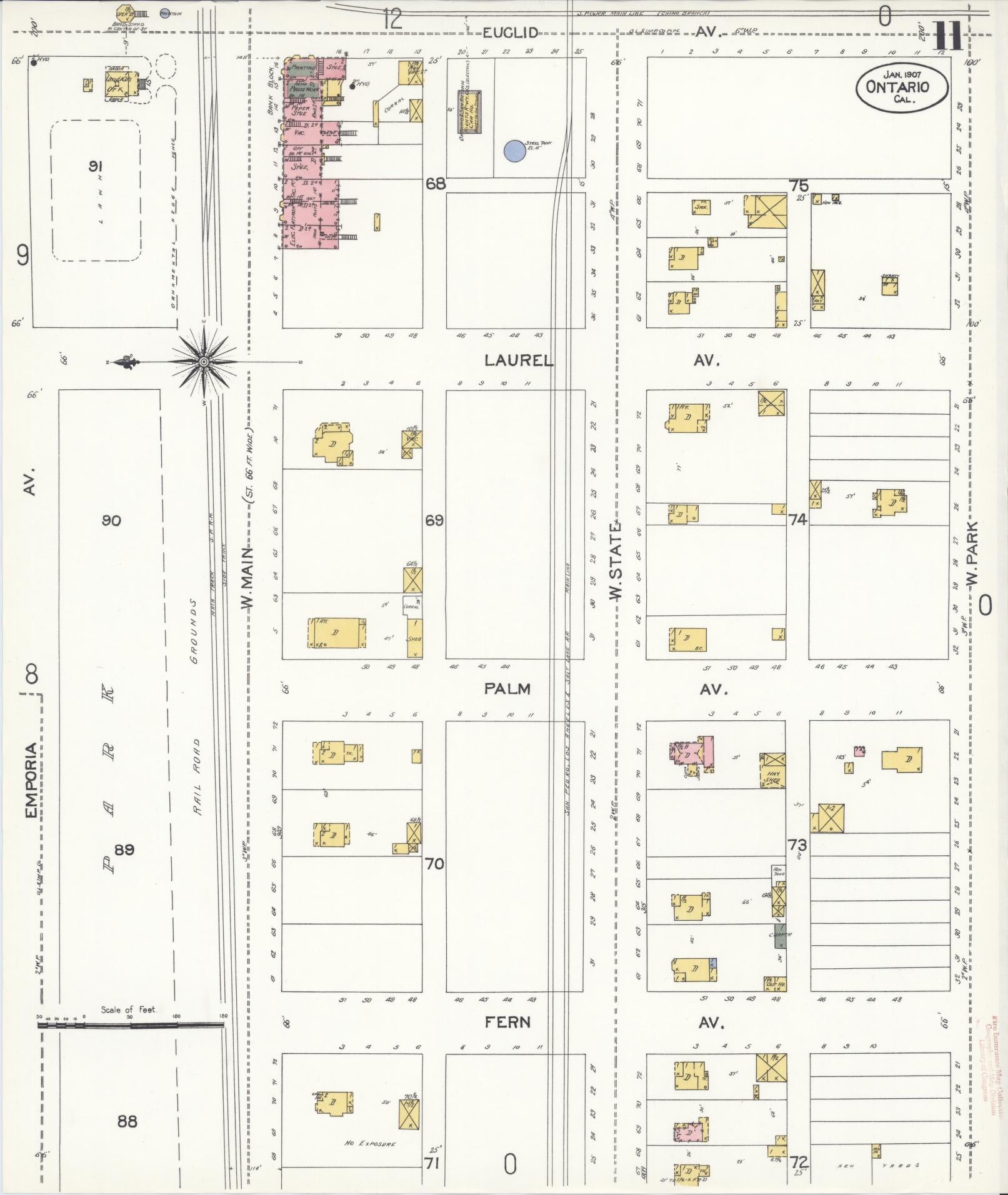 Sanborn Fire Insurance Map from Ontario, San Bernardino County, California (1907), Sheet #0011 - Complete Map Set gallery image, historic Sanborn map, vintage wall art, California California
