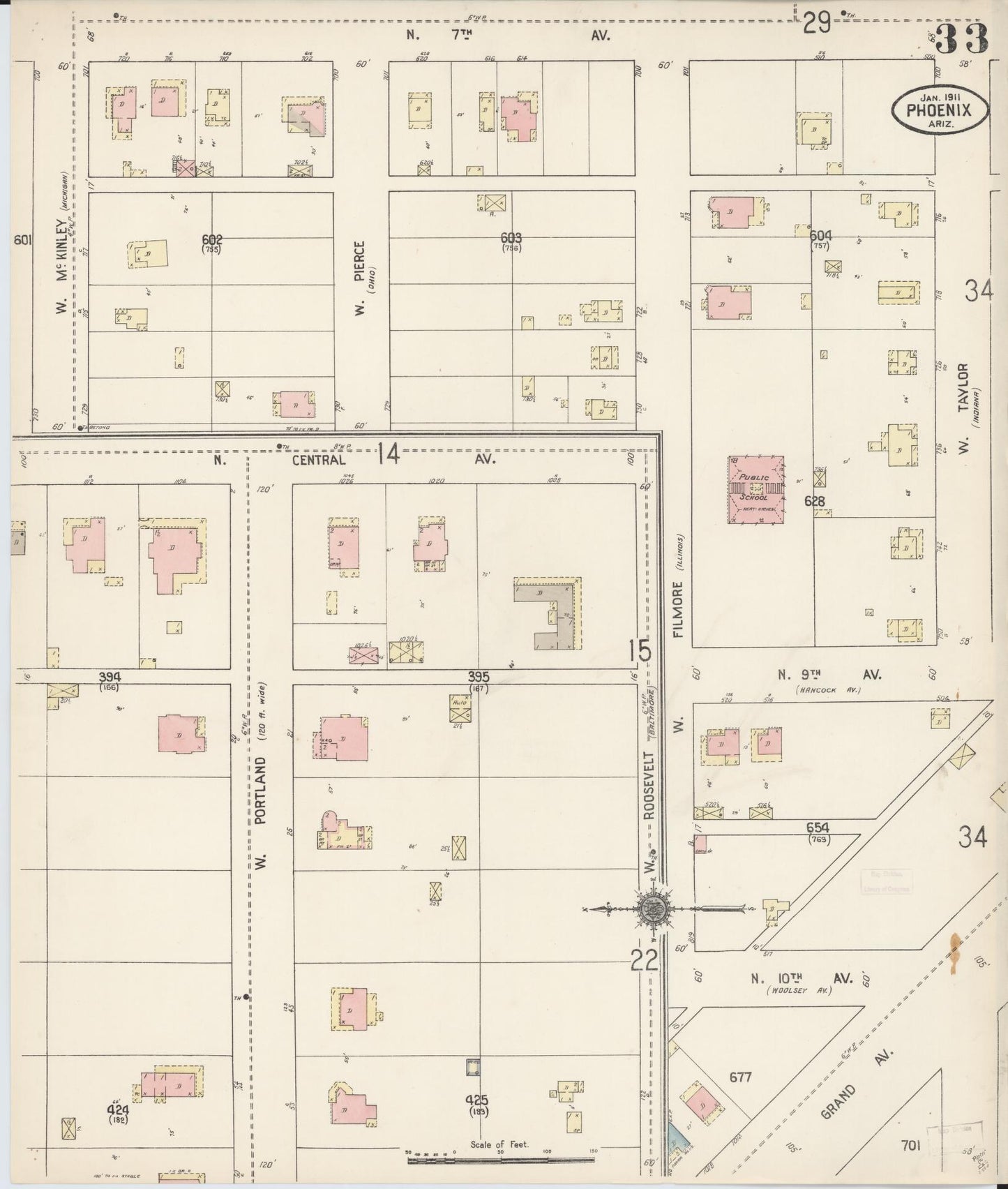 Sanborn Fire Insurance Map from Phoenix, Maricopa County, Arizona (1911), Sheet #0033 - Historic Sanborn Fire Insurance Map Print, vintage old map wall art, antique decor, genealogy gift, Arizona Arizona map