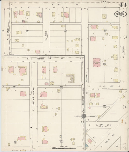 Sanborn Fire Insurance Map from Phoenix, Maricopa County, Arizona (1911), Sheet #0033 - Historic Sanborn Fire Insurance Map Print, vintage old map wall art, antique decor, genealogy gift, Arizona Arizona map