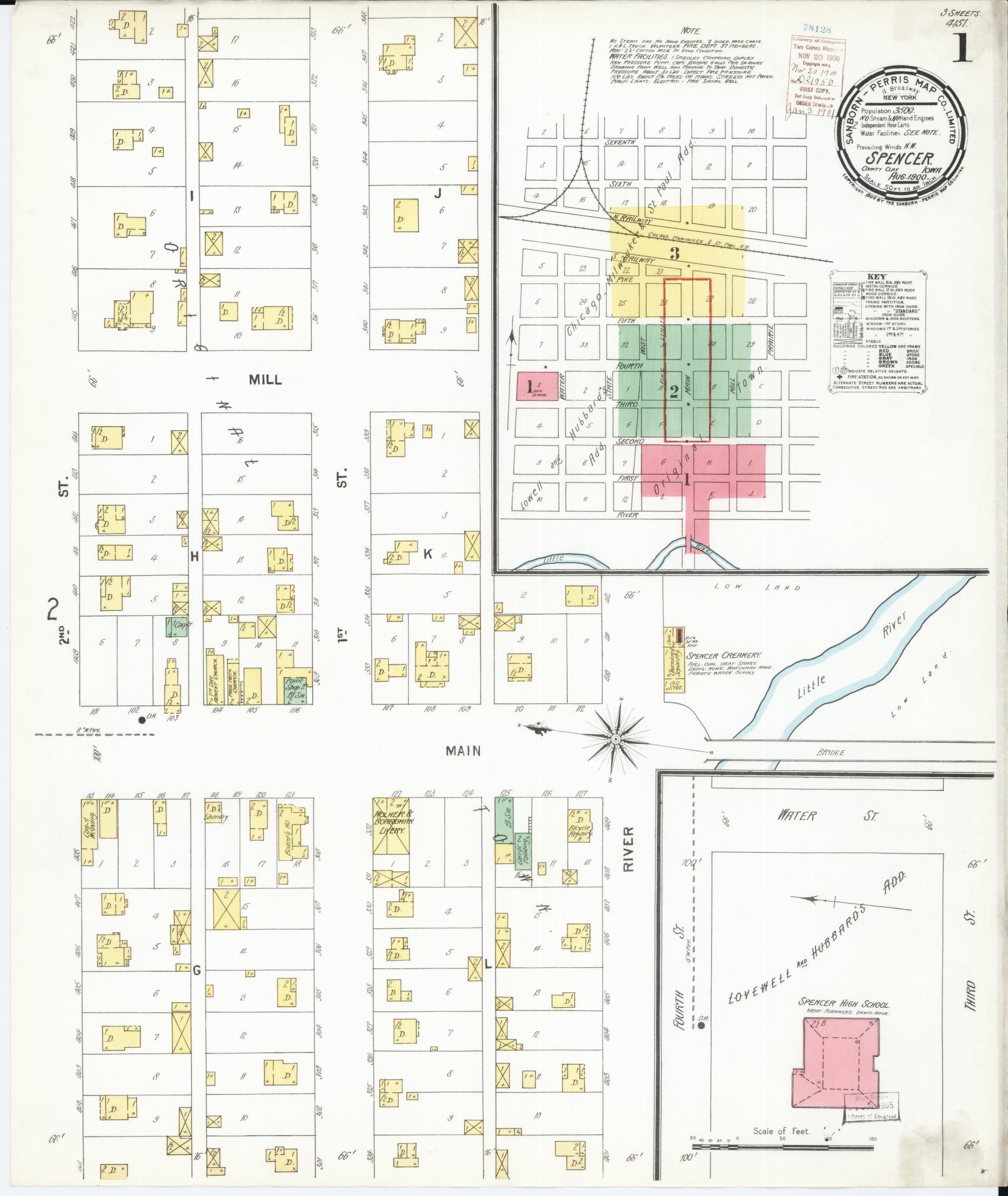 Sanborn Fire Insurance Map from Spencer, Clay County, Iowa (1900), Sheet #0001 - Historic Sanborn Fire Insurance Map Print