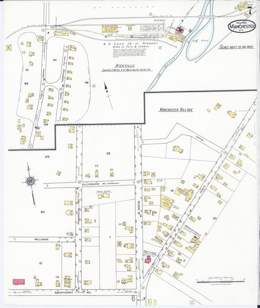 Sanborn Fire Insurance Map from Manchester, Bennington County, Vermont (1921), Sheet #0007 - Historic Sanborn Fire Insurance Map Print, vintage old map wall art, antique decor, genealogy gift, Vermont Vermont map