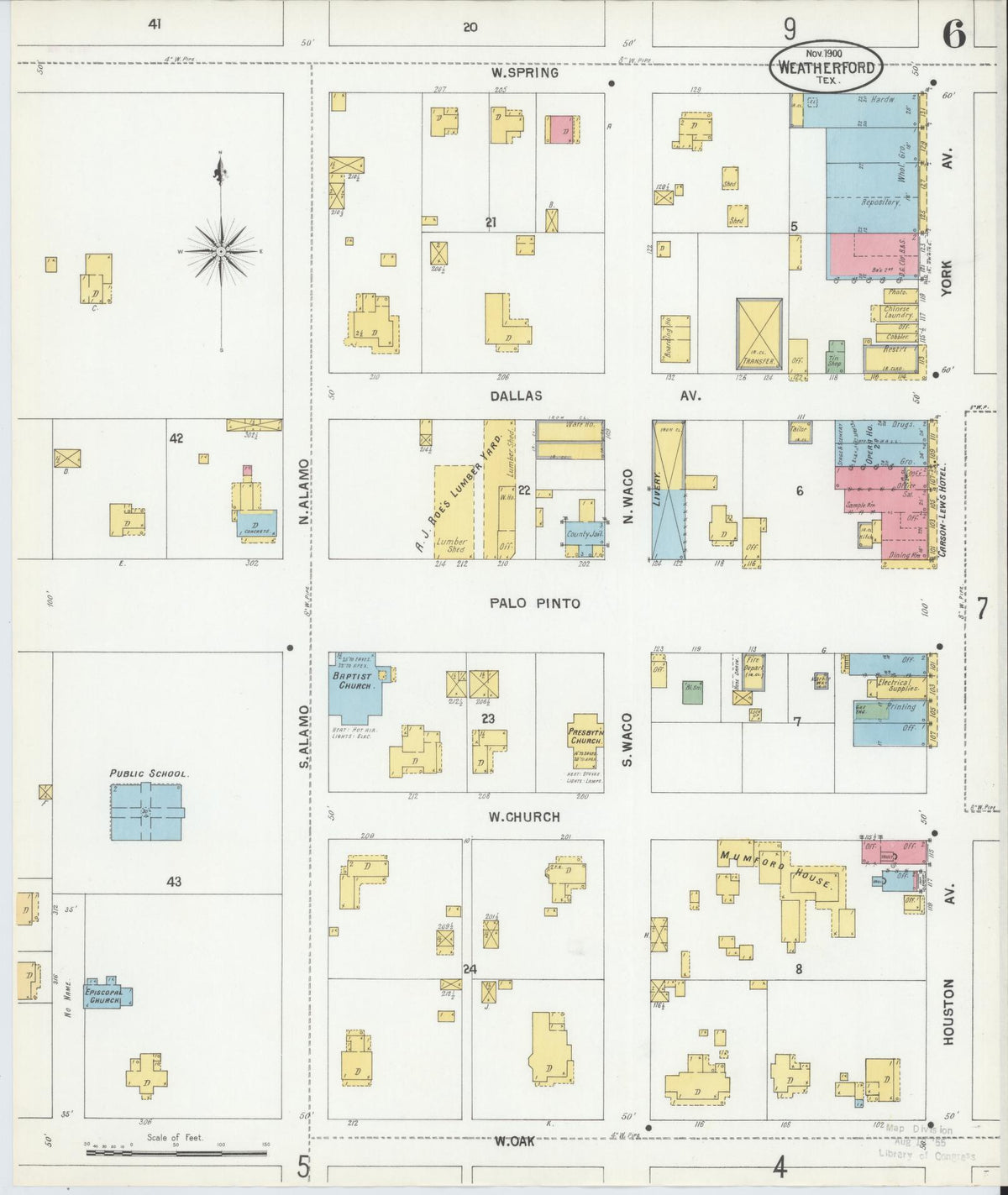 Sanborn Fire Insurance Map from Weatherford, Parker County, Texas (1900), Sheet #0006 - Complete Map Set gallery image, historic Sanborn map, vintage wall art, Texas Texas