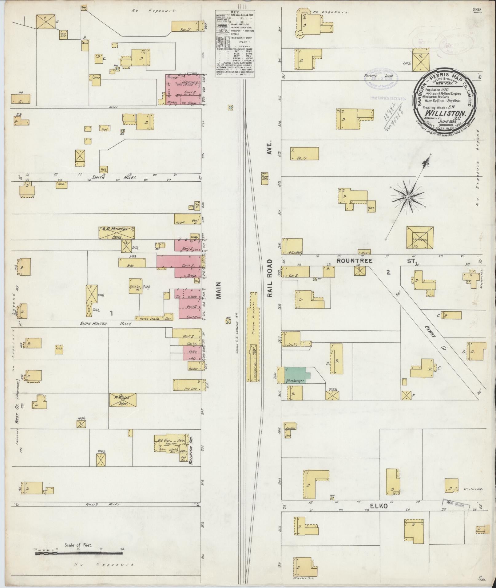 Sanborn Fire Insurance Map from Williston, Barnwell County, South Carolina (1898), Sheet #0001 - Historic Sanborn Fire Insurance Map Print, vintage old map wall art, antique decor, genealogy gift, South Carolina South Carolina map