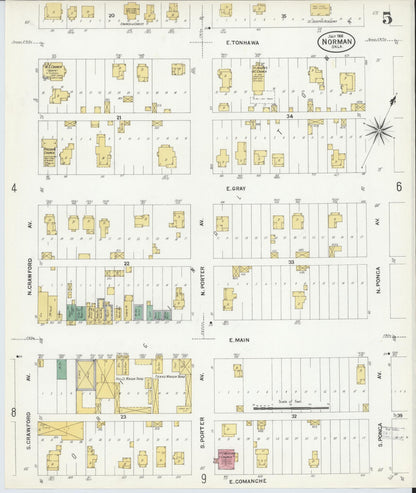 Sanborn Fire Insurance Map from Norman, Cleveland County, Oklahoma (1908), Sheet #0005 - Complete Map Set gallery image, historic Sanborn map, vintage wall art, Oklahoma Oklahoma