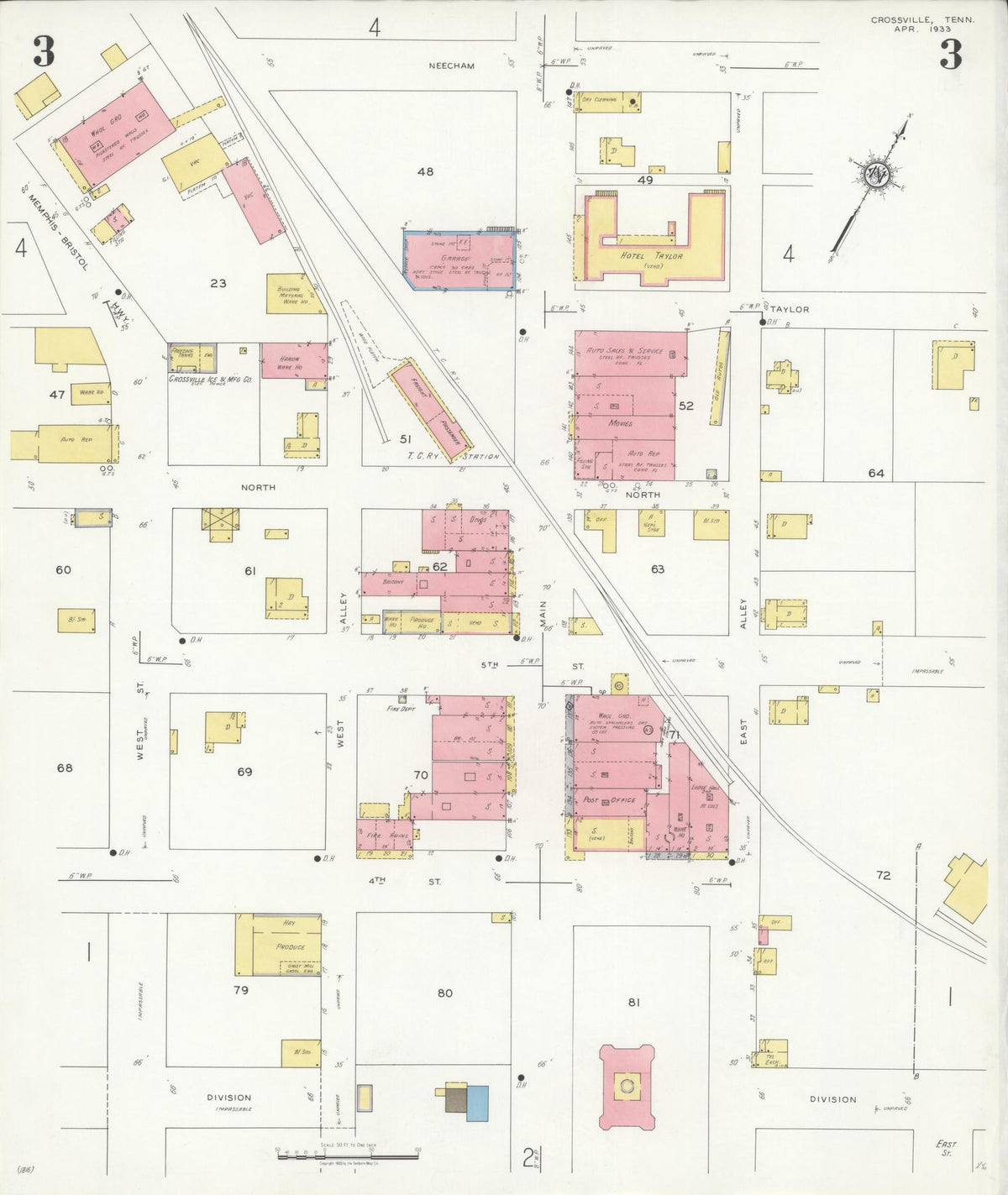 Sanborn Fire Insurance Map from Crossville, Cumberland County, Tennessee (1933), Sheet #0003 - Complete Map Set gallery image, historic Sanborn map, vintage wall art, Tennessee Tennessee