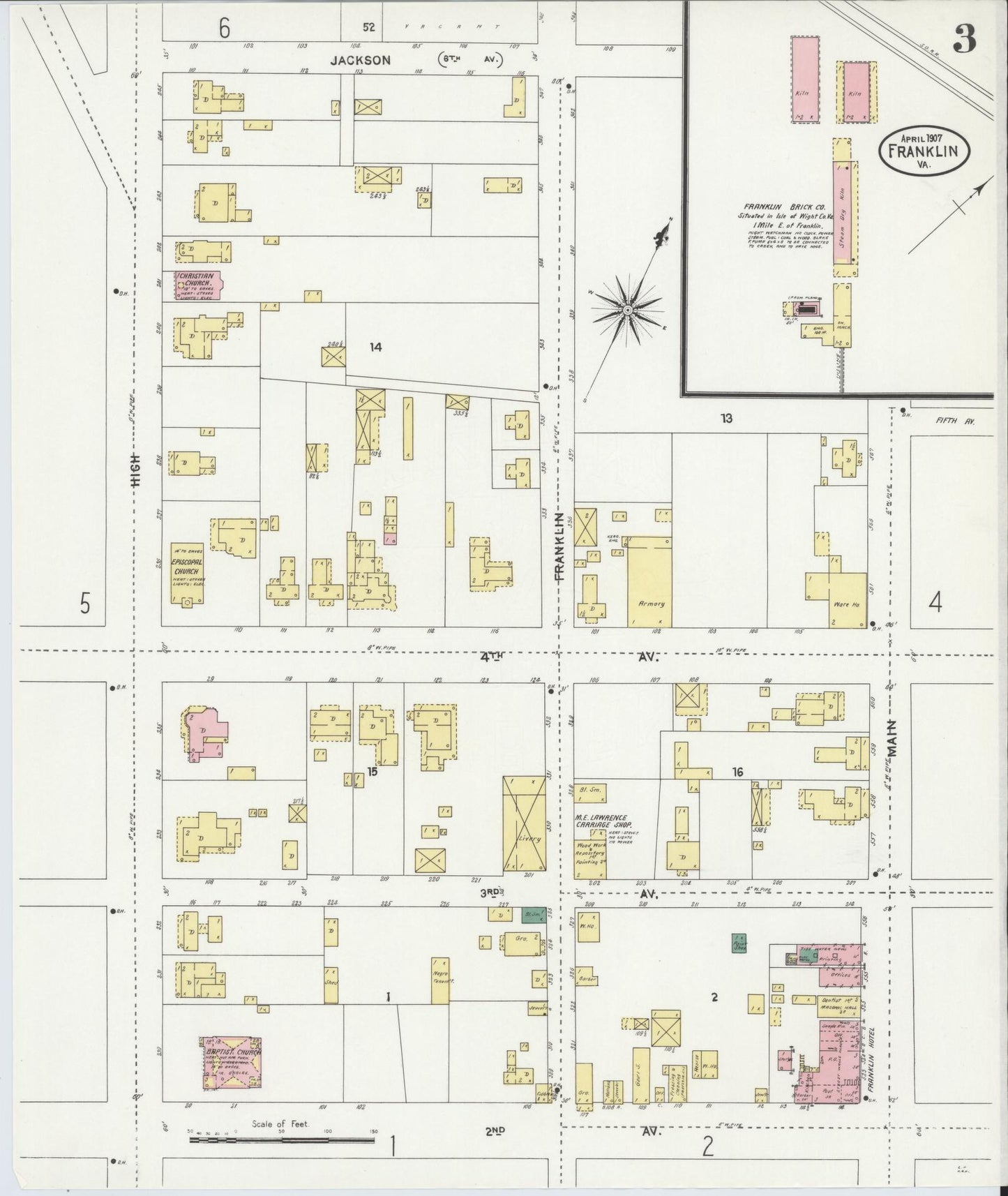 Sanborn Fire Insurance Map from Franklin, Independent Cities, Virginia (1907), Sheet #0003 - Complete Map Set gallery image, historic Sanborn map, vintage wall art, Virginia Virginia
