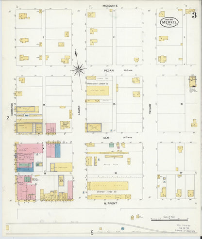 Sanborn Fire Insurance Map from Merkel, Taylor County, Texas (1908), Sheet #0003 - Historic Sanborn Fire Insurance Map Print, vintage old map wall art, antique decor, genealogy gift, Texas Texas map