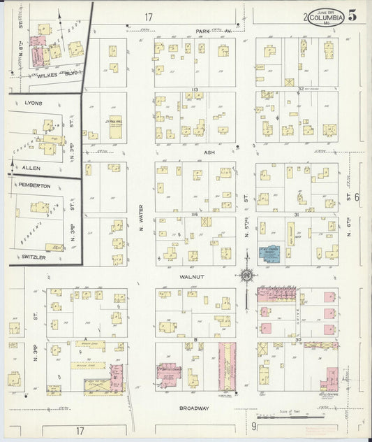 Sanborn Fire Insurance Map from Columbia, Boone County, Missouri (1914), Sheet #0005 - Historic Sanborn Fire Insurance Map Print, vintage old map wall art, antique decor, genealogy gift, Missouri Missouri map