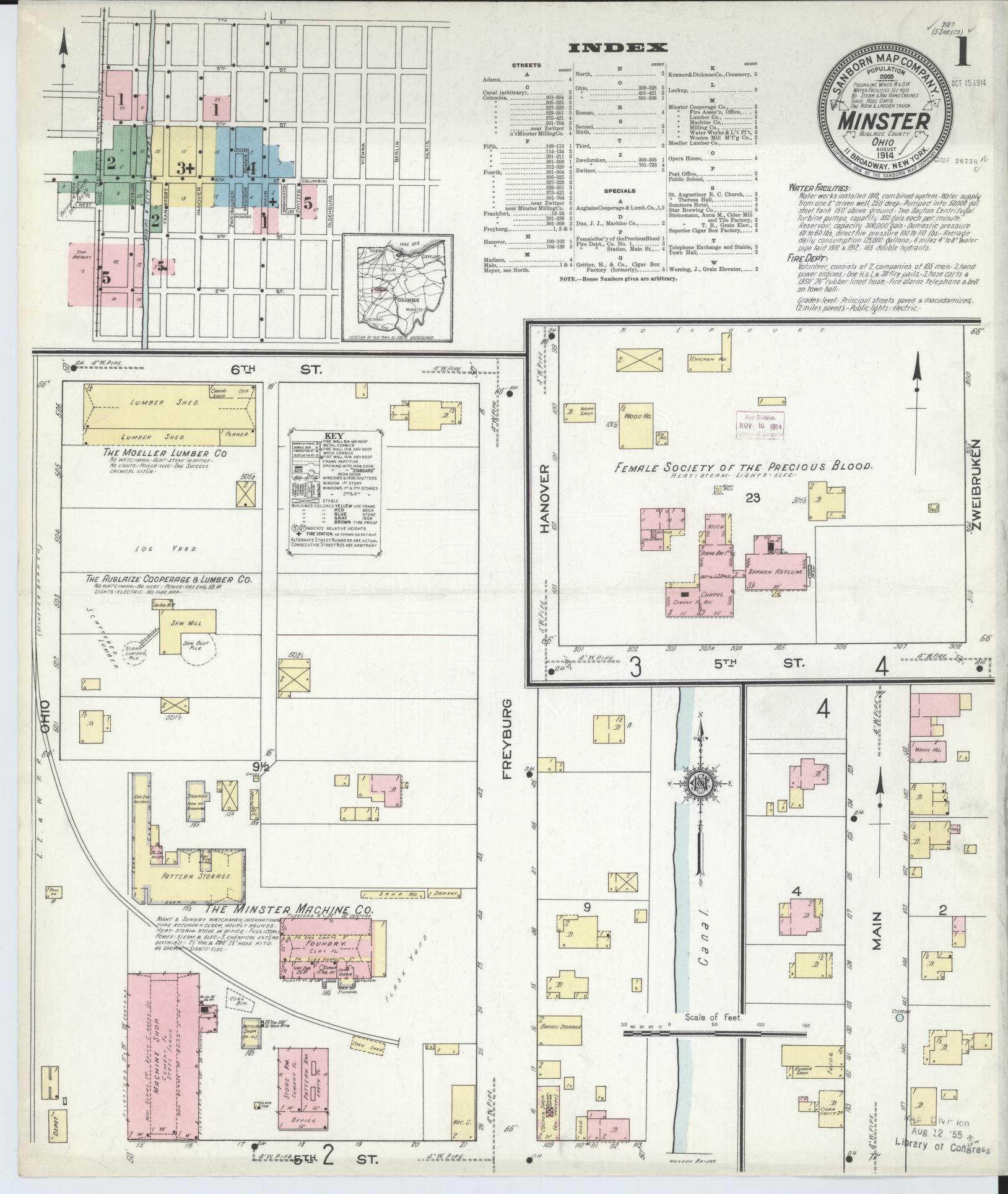 Sanborn Fire Insurance Map from Minster, Auglaize County, Ohio (1914), Sheet #0001 - Historic Sanborn Fire Insurance Map Print, vintage old map wall art, antique decor, genealogy gift, Ohio Ohio map