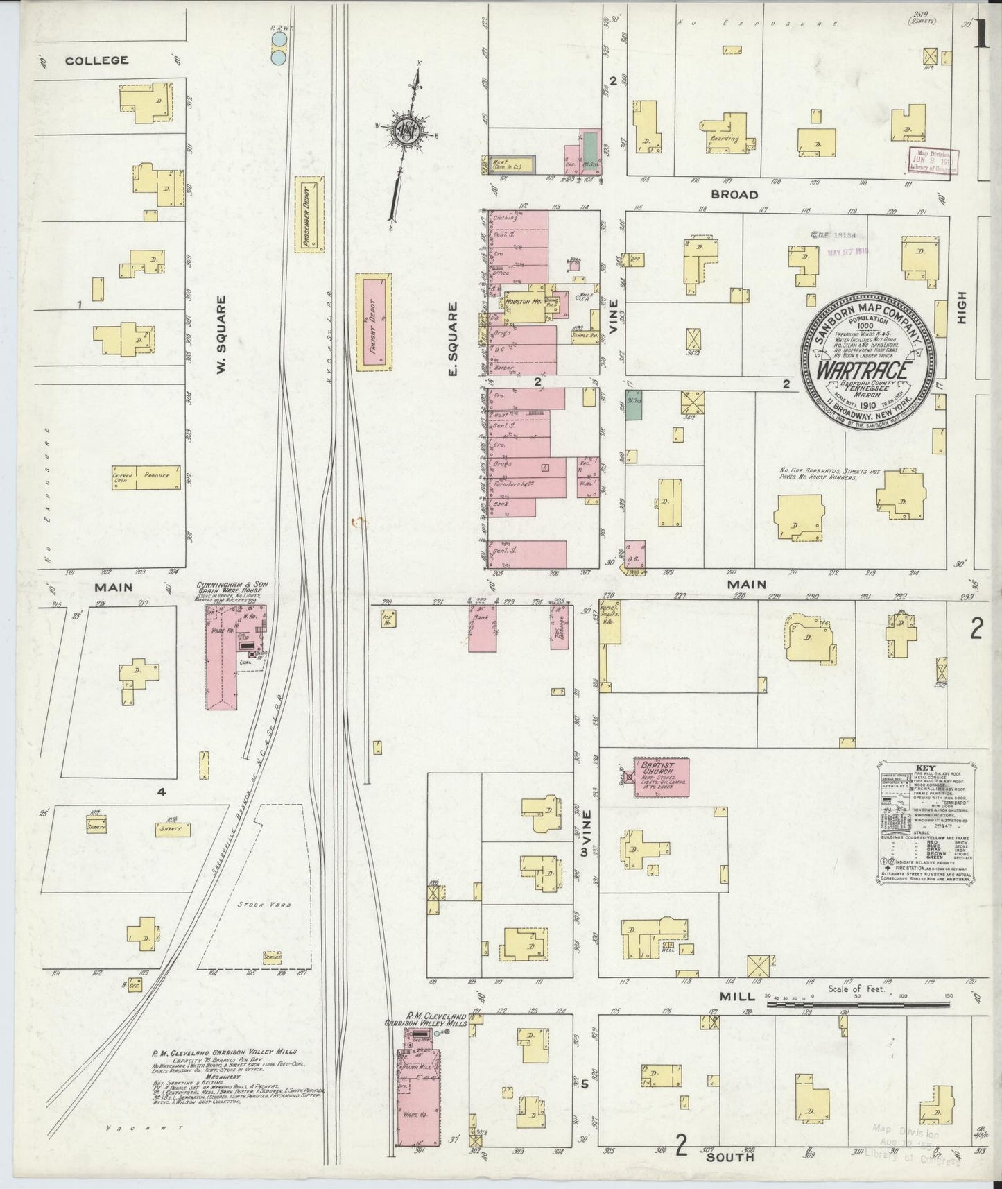 Sanborn Fire Insurance Map from Wartrace, Bedford County, Tennessee (1910), Sheet #0001 - Complete Map Set gallery image, historic Sanborn map, vintage wall art, Tennessee Tennessee