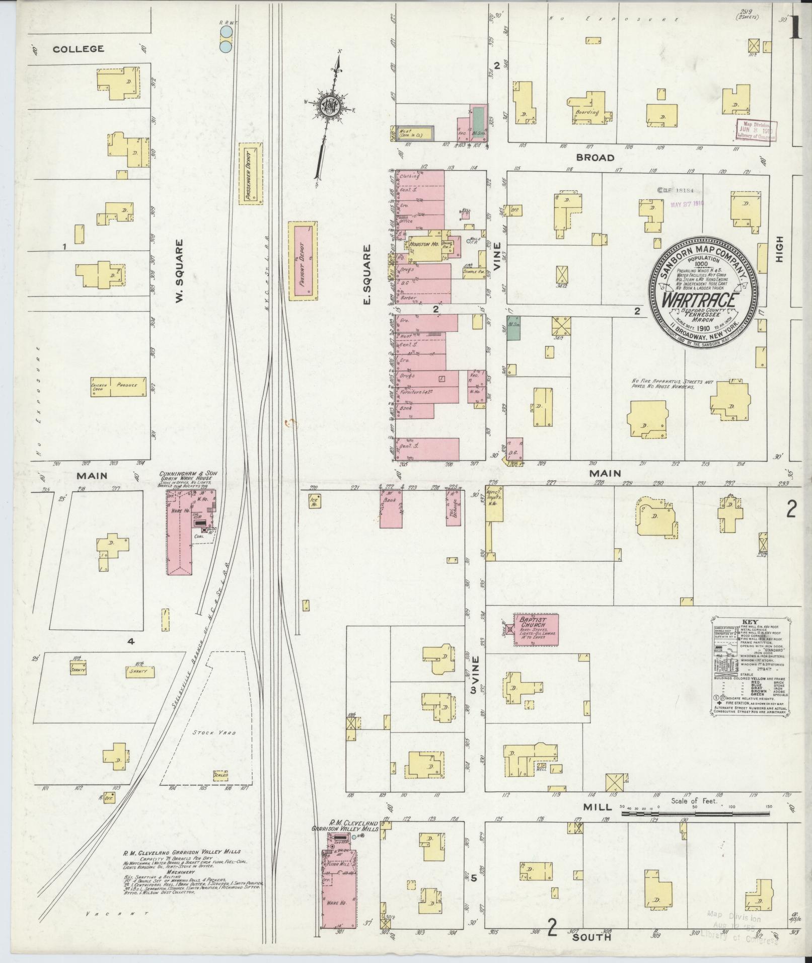 Sanborn Fire Insurance Map from Wartrace, Bedford County, Tennessee (1910), Sheet #0001 - Complete Map Set gallery image, historic Sanborn map, vintage wall art, Tennessee Tennessee