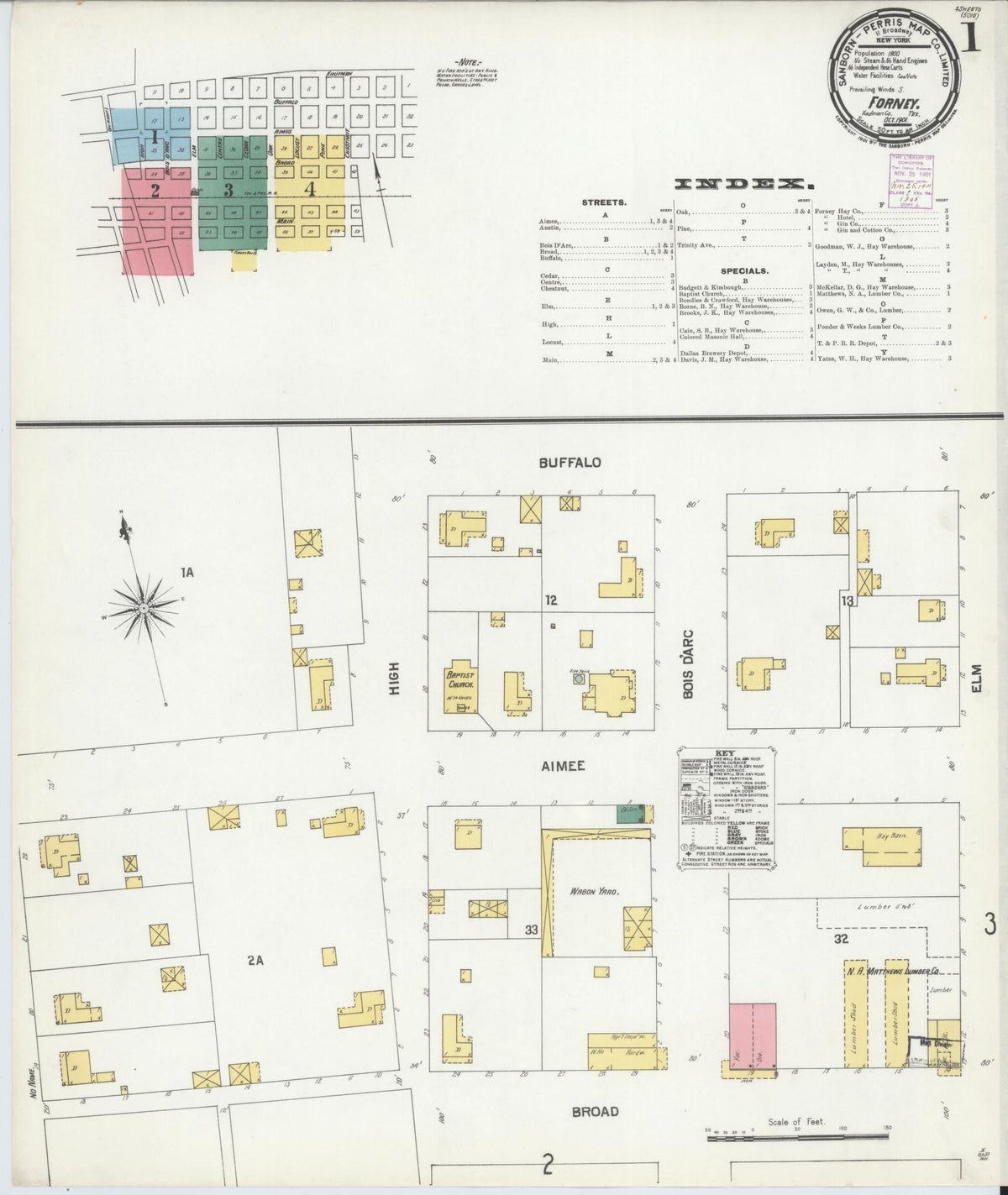 Sanborn Fire Insurance Map from Forney, Kaufman County, Texas (1901), Sheet #0001 - Historic Sanborn Fire Insurance Map Print, vintage old map wall art, antique decor, genealogy gift, Texas Texas map
