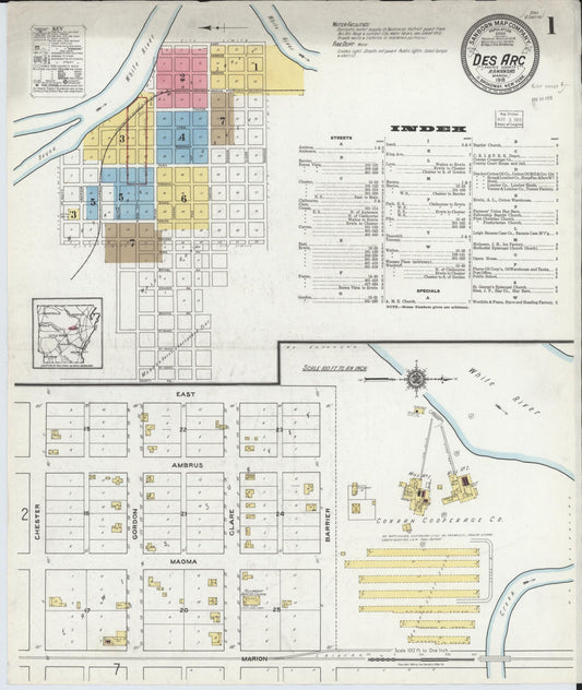 Sanborn Fire Insurance Map from Des Arc, Prarrie County, Arkansas (1918), Sheet #0001 - Complete Map Set gallery image, historic Sanborn map, vintage wall art, Arkansas Arkansas
