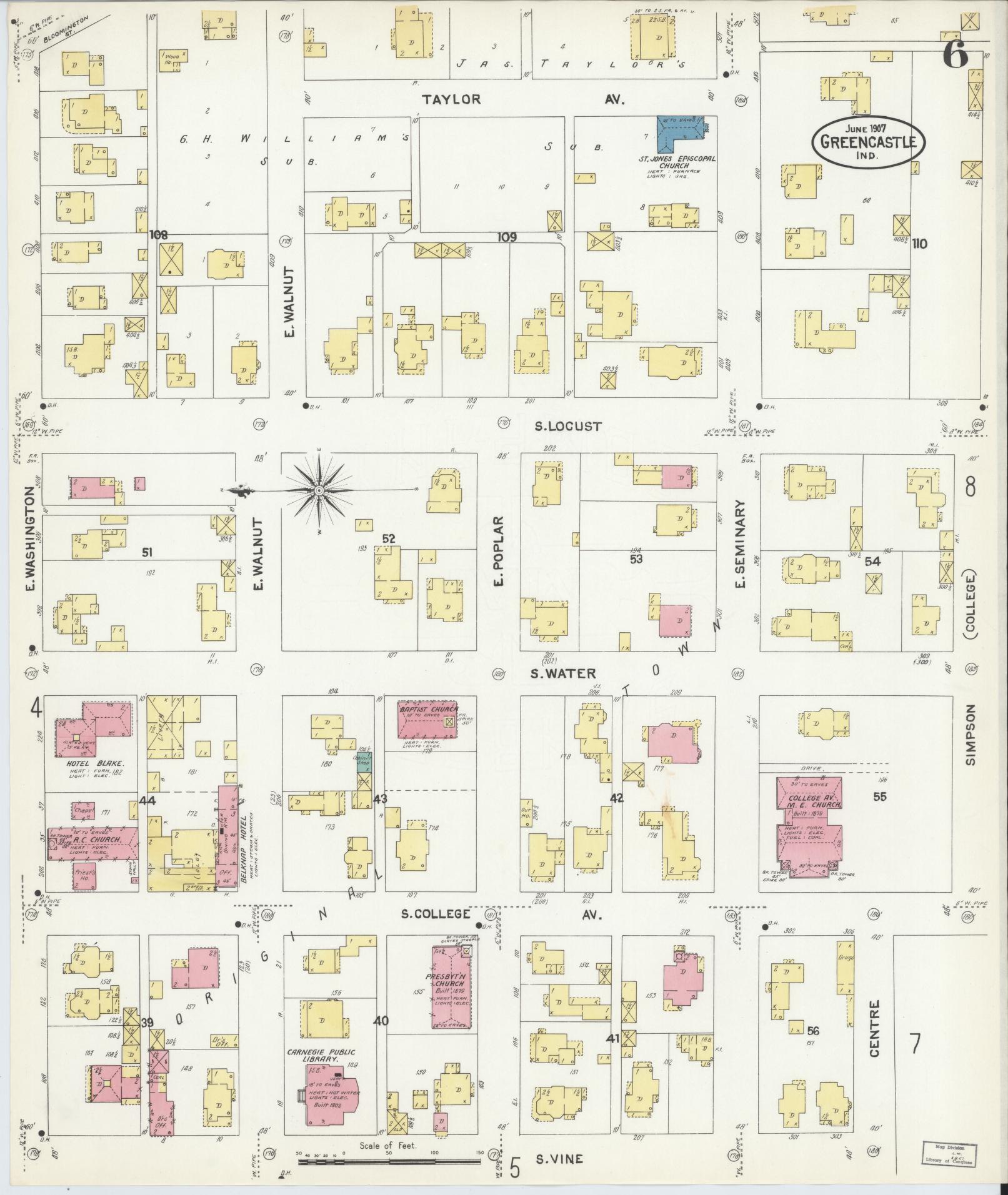 Sanborn Fire Insurance Map from Greencastle, Putnam County, Indiana (1907), Sheet #0006 - Complete Map Set gallery image, historic Sanborn map, vintage wall art, Indiana Indiana