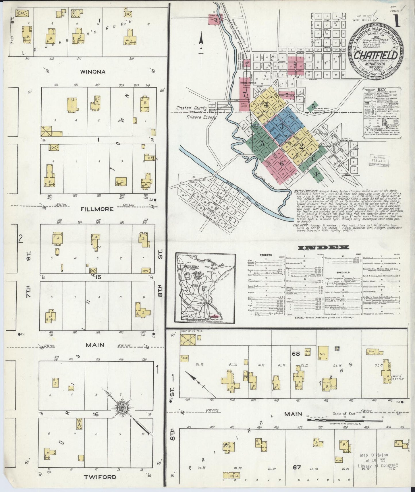 Sanborn Fire Insurance Map from Chatfield, Fillmore And Olmsted Counties, Minnesota (1920), Sheet #0001 - Complete Map Set gallery image, historic Sanborn map, vintage wall art, Minnesota Minnesota