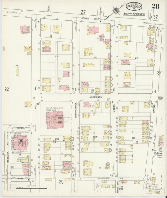 Sanborn Fire Insurance Map from Braddock, Allegheny County, Pennsylvania (1914), Sheet #0028 - Historic Sanborn Fire Insurance Map Print, vintage old map wall art, antique decor, genealogy gift, Pennsylvania Pennsylvania map
