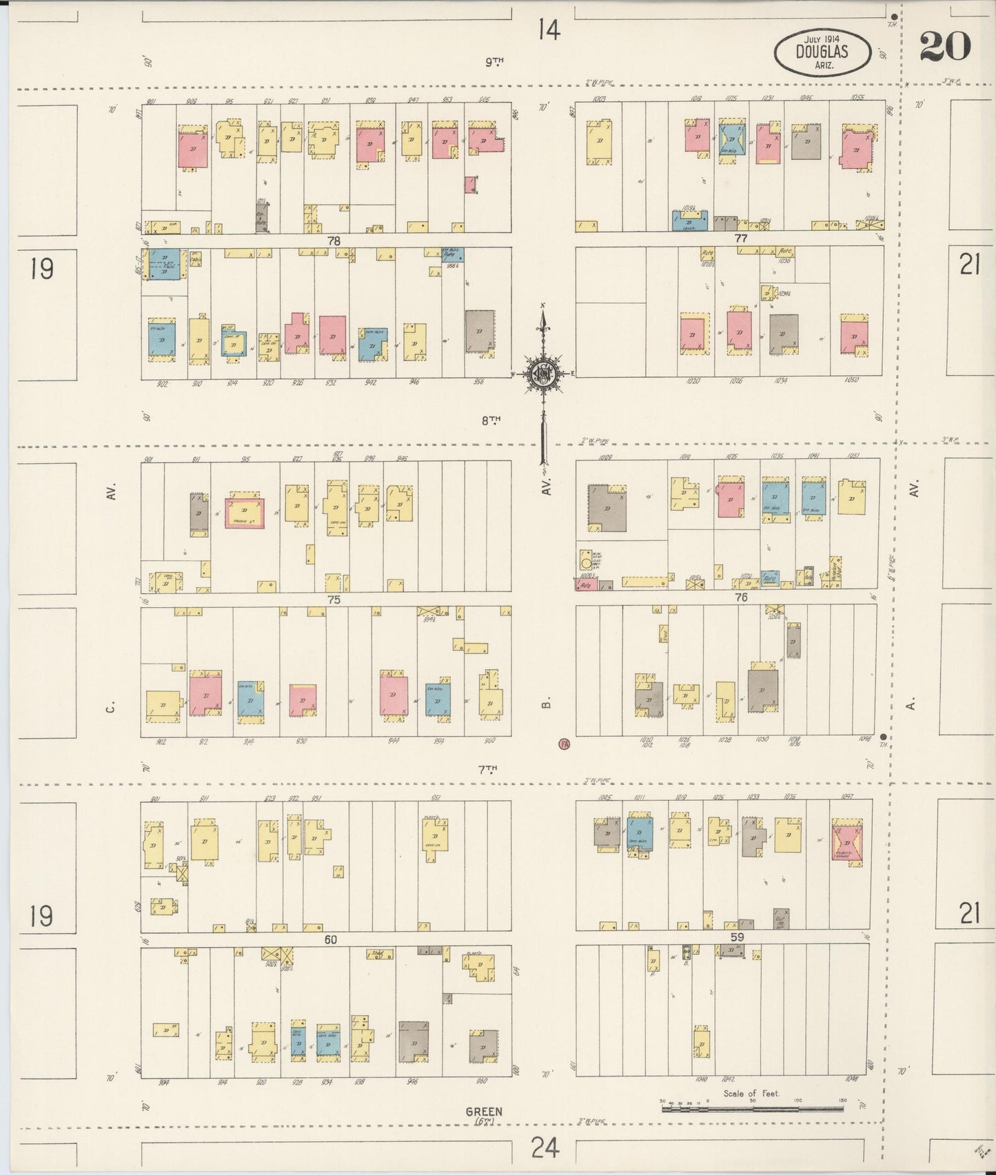 Sanborn Fire Insurance Map from Douglas, Cochise County, Arizona (1914), Sheet #0020 - Historic Sanborn Fire Insurance Map Print, vintage old map wall art, antique decor, genealogy gift, Arizona Arizona map