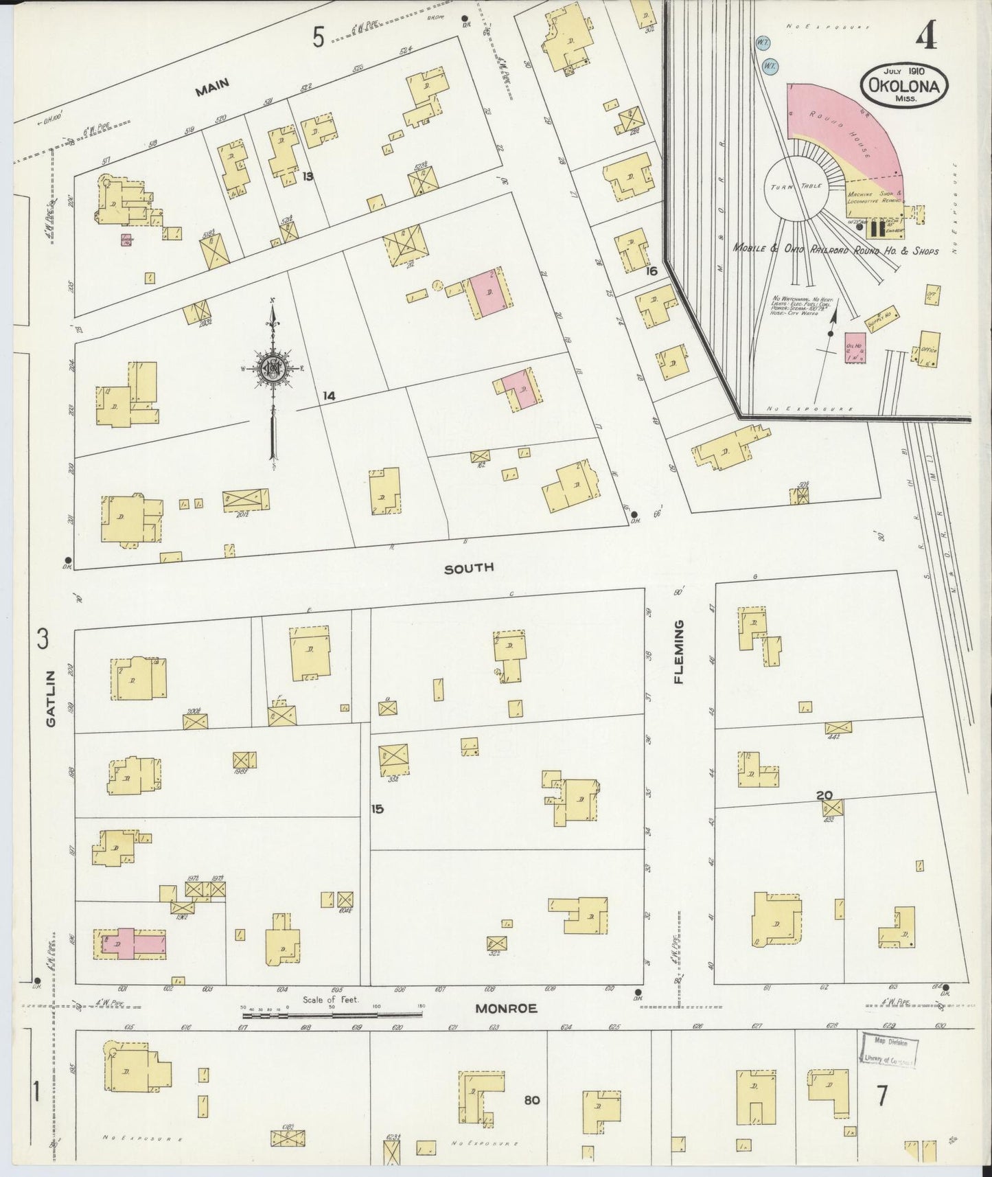 Sanborn Fire Insurance Map from Okolona, Chickasaw County, Mississippi (1910), Sheet #0004 - Complete Map Set gallery image, historic Sanborn map, vintage wall art, Mississippi Mississippi