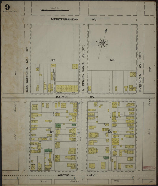 Sanborn Fire Insurance Map from Atlantic City, Atlantic County, New Jersey (1886), Sheet #0009 - Historic Sanborn Fire Insurance Map Print, vintage old map wall art, antique decor, genealogy gift, New Jersey New Jersey map