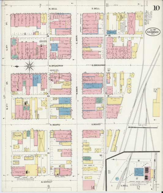 Sanborn Fire Insurance Map from Shawnee, Pottawatomie County, Oklahoma (1907), Sheet #0010 - Historic Sanborn Fire Insurance Map Print, vintage old map wall art, antique decor, genealogy gift, Oklahoma Oklahoma map