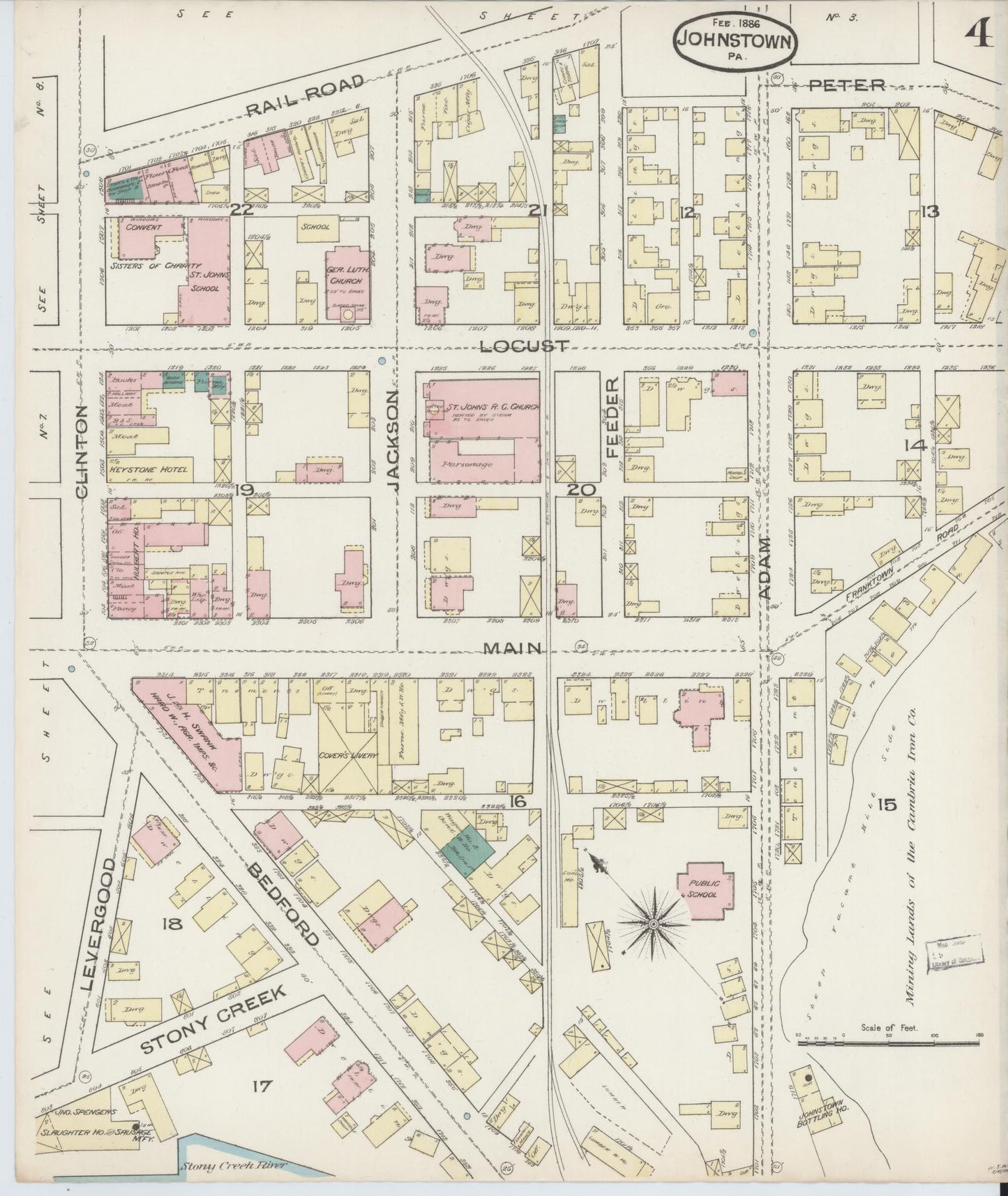 Sanborn Fire Insurance Map from Johnstown, Cambria County, Pennsylvania (1886), Sheet #0004 - Historic Sanborn Fire Insurance Map Print, vintage old map wall art, antique decor, genealogy gift, Pennsylvania Pennsylvania map