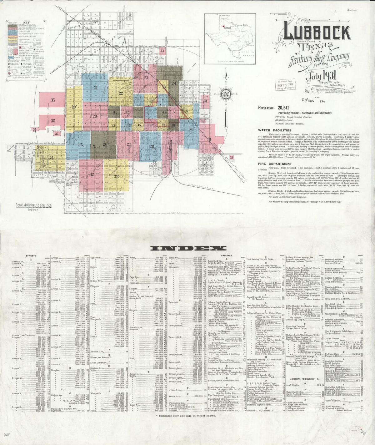 Sanborn Fire Insurance Map from Lubbock, Lubbock County, Texas (1931), Sheet #0001 - Historic Sanborn Fire Insurance Map Print, vintage old map wall art, antique decor, genealogy gift, Texas Texas map