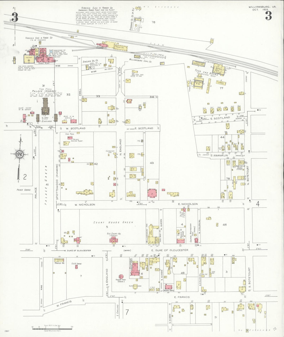 Sanborn Fire Insurance Map from Williamsburg, Independent Cities, Virginia (1933), Sheet #0003 - Historic Sanborn Fire Insurance Map Print, vintage old map wall art, antique decor, genealogy gift, Virginia Virginia map