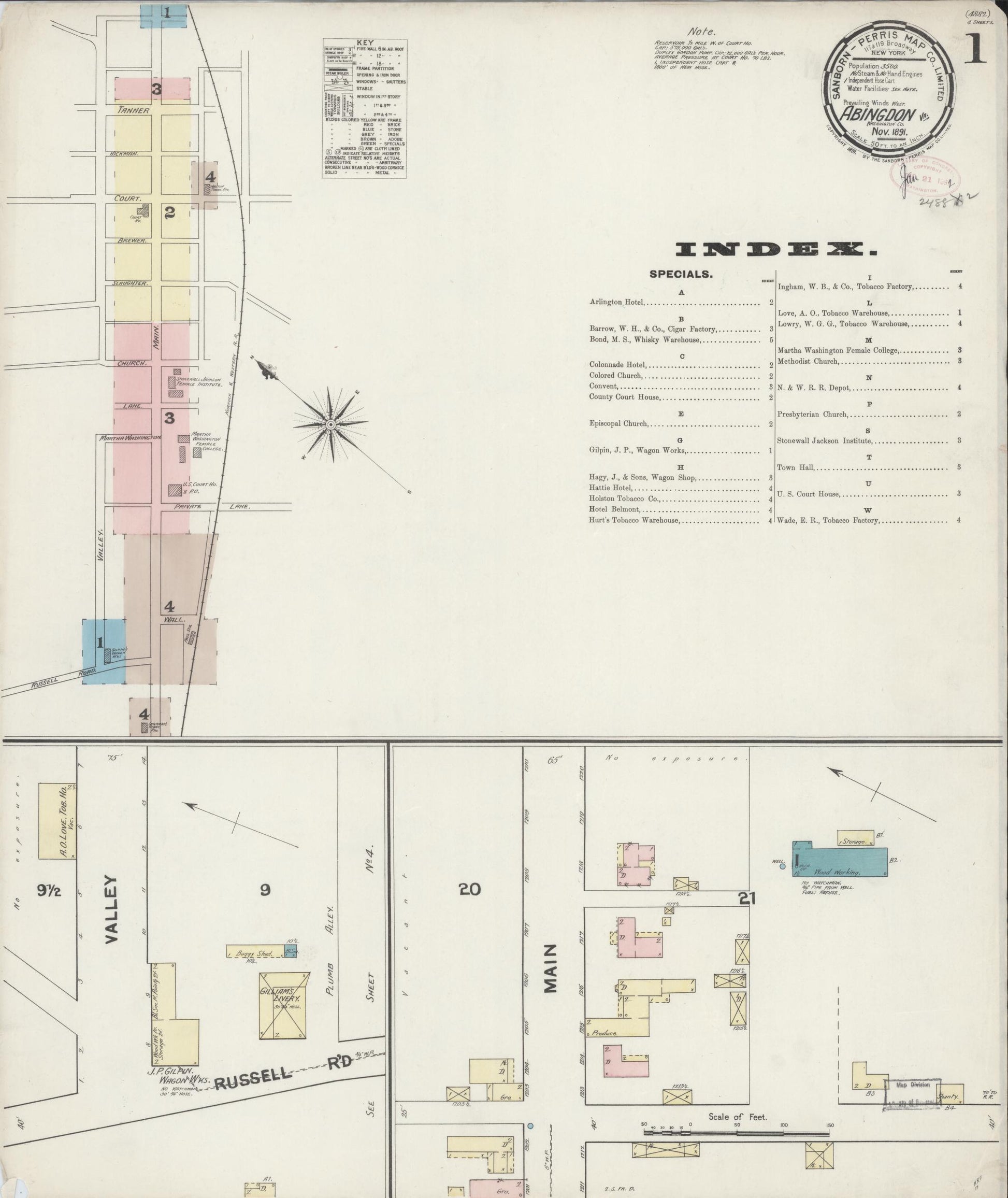 Sanborn Fire Insurance Map from Abingdon, Washington County, Virginia (1891), Sheet #0001 - Historic Sanborn Fire Insurance Map Print, vintage old map wall art, antique decor, genealogy gift, Virginia Virginia map