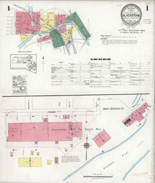 Sanborn Fire Insurance Map from Blackstone, Worcester County, Massachusetts (1923), Sheet #0001 - Complete Map Set gallery image, historic Sanborn map, vintage wall art, Massachusetts Massachusetts
