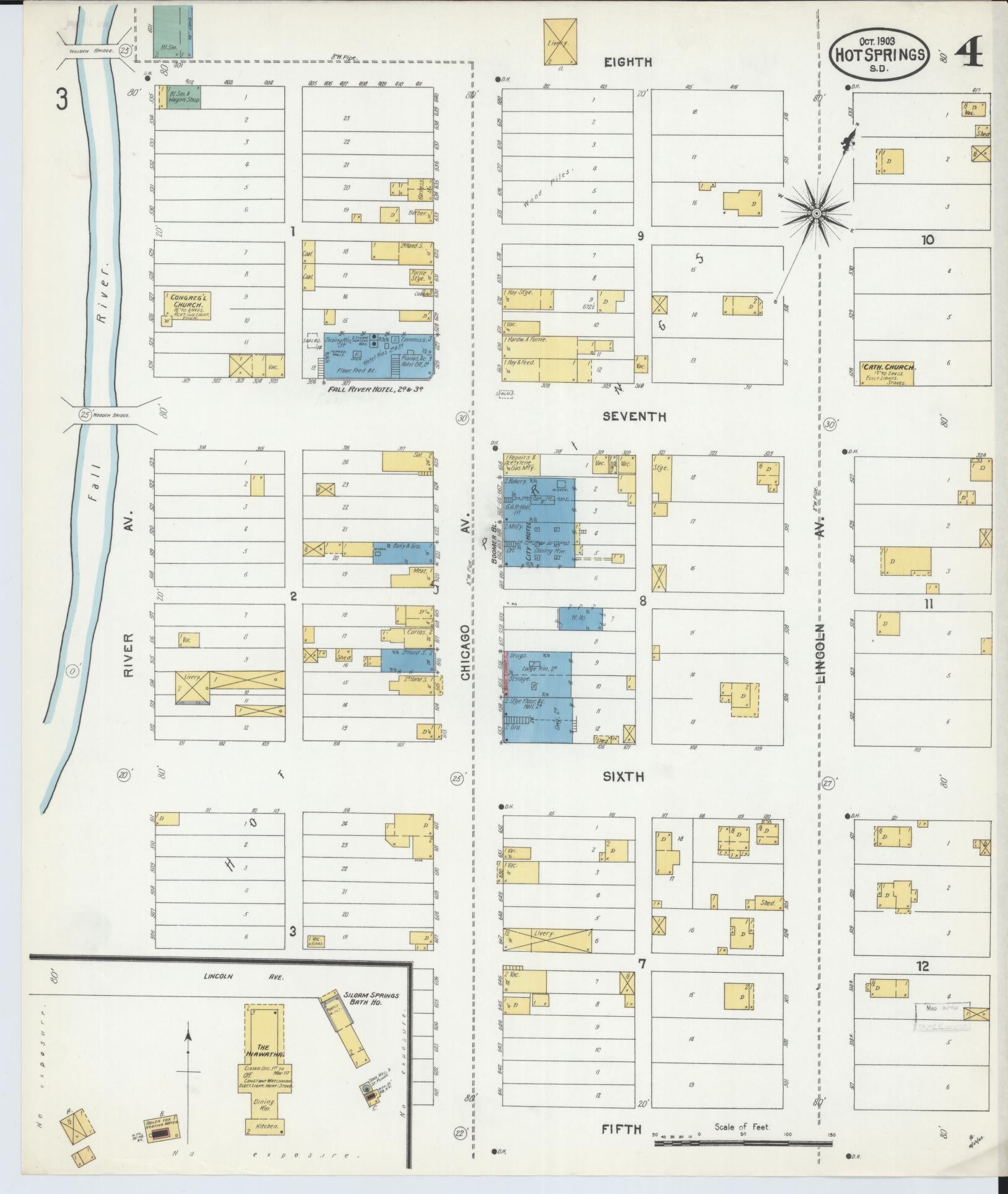 Sanborn Fire Insurance Map from Hot Springs, Fall River County, South Dakota (1903), Sheet #0004 - Historic Sanborn Fire Insurance Map Print, vintage old map wall art, antique decor, genealogy gift, South Dakota South Dakota map