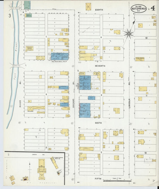Sanborn Fire Insurance Map from Hot Springs, Fall River County, South Dakota (1903), Sheet #0004 - Historic Sanborn Fire Insurance Map Print, vintage old map wall art, antique decor, genealogy gift, South Dakota South Dakota map