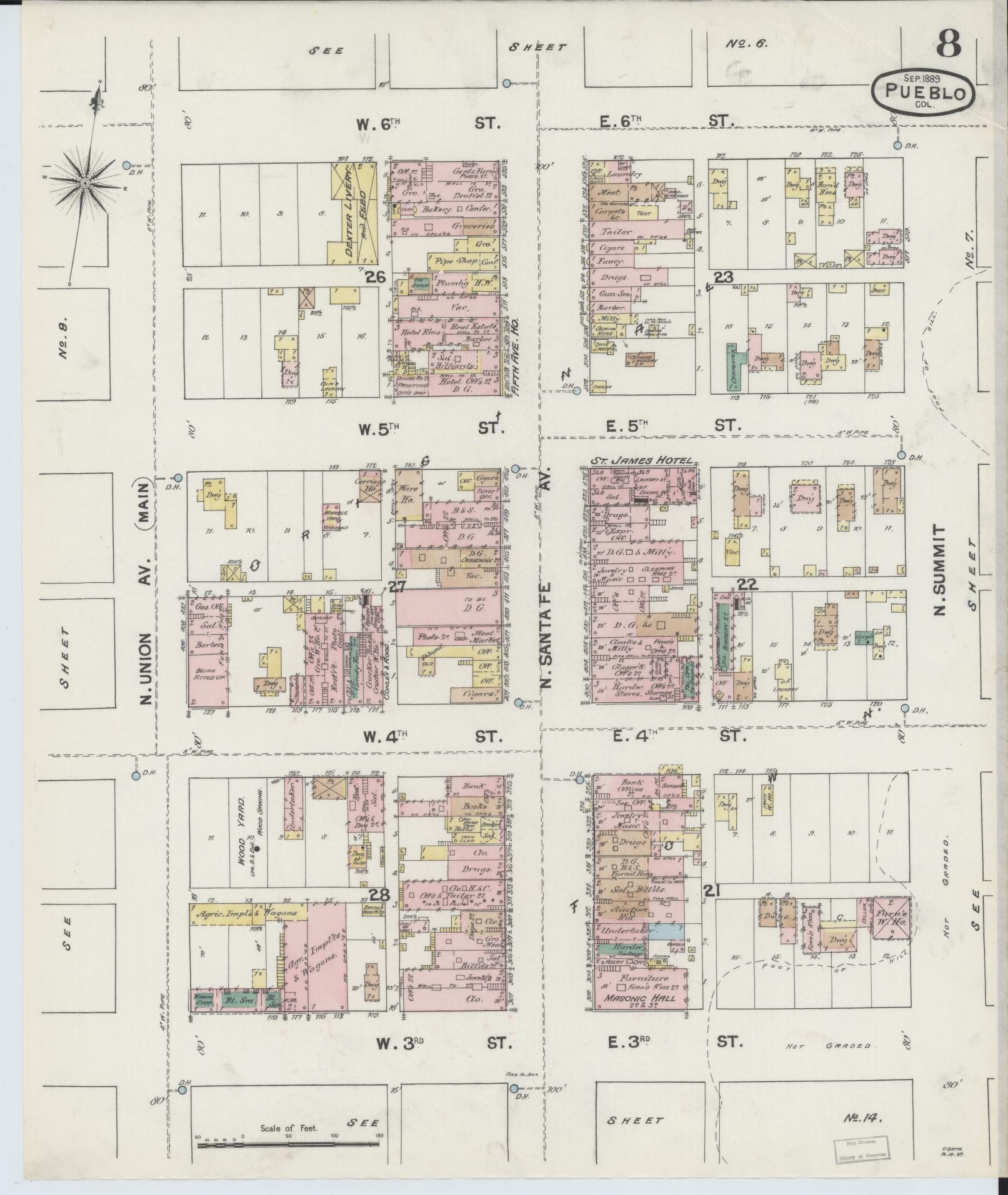 Sanborn Fire Insurance Map from Pueblo, Pueblo County, Colorado (1889), Sheet #0008 - Historic Sanborn Fire Insurance Map Print, vintage old map wall art, antique decor, genealogy gift, Colorado Colorado map
