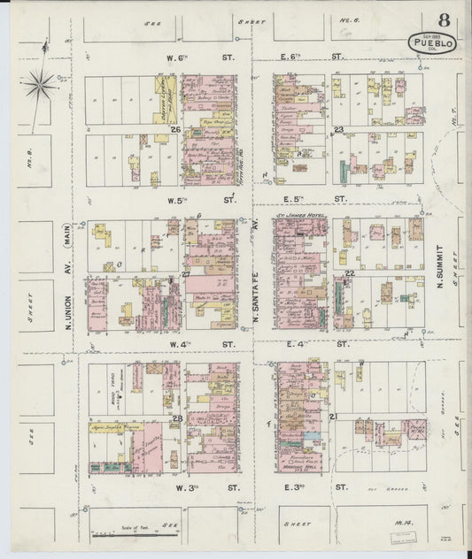 Sanborn Fire Insurance Map from Pueblo, Pueblo County, Colorado (1889), Sheet #0008 - Historic Sanborn Fire Insurance Map Print, vintage old map wall art, antique decor, genealogy gift, Colorado Colorado map