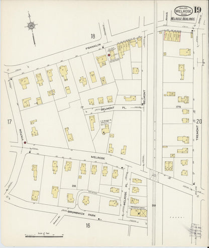 Sanborn Fire Insurance Map from Melrose, Middlesex County, Massachusetts (1915), Sheet #0019 - Historic Sanborn Fire Insurance Map Print, vintage old map wall art, antique decor, genealogy gift, Massachusetts Massachusetts map