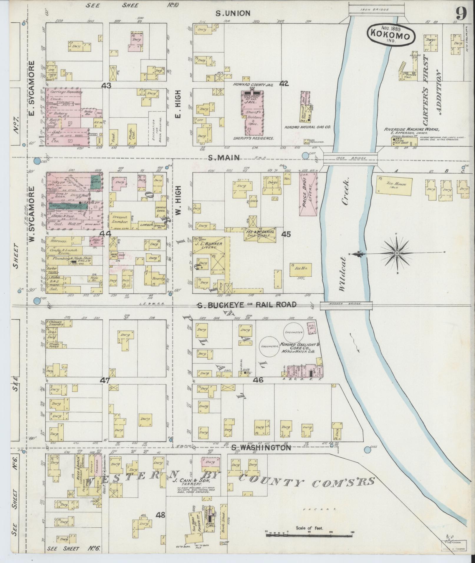 Sanborn Fire Insurance Map from Kokomo, Howard County, Indiana (1889), Sheet #0009 - Complete Map Set gallery image, historic Sanborn map, vintage wall art, Indiana Indiana
