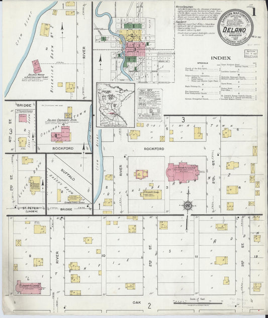Sanborn Fire Insurance Map from Delano, Wright County, Minnesota (1917), Sheet #0001 - Historic Sanborn Fire Insurance Map Print, vintage old map wall art, antique decor, genealogy gift, Minnesota Minnesota map