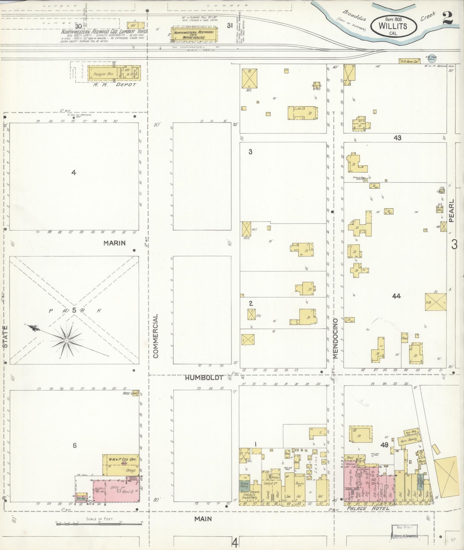 Sanborn Fire Insurance Map from Willits, Mendocino County, California (1903), Sheet #0002 - Complete Map Set gallery image, historic Sanborn map, vintage wall art, California California
