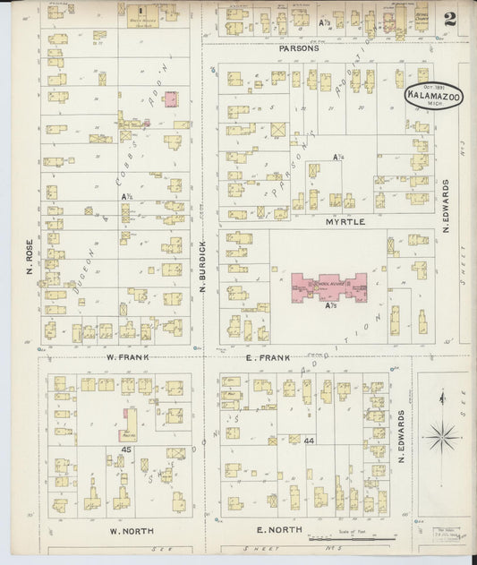 Sanborn Fire Insurance Map from Kalamazoo, Kalamazoo County, Michigan (1891), Sheet #0002 - Historic Sanborn Fire Insurance Map Print, vintage old map wall art, antique decor, genealogy gift, Michigan Michigan map