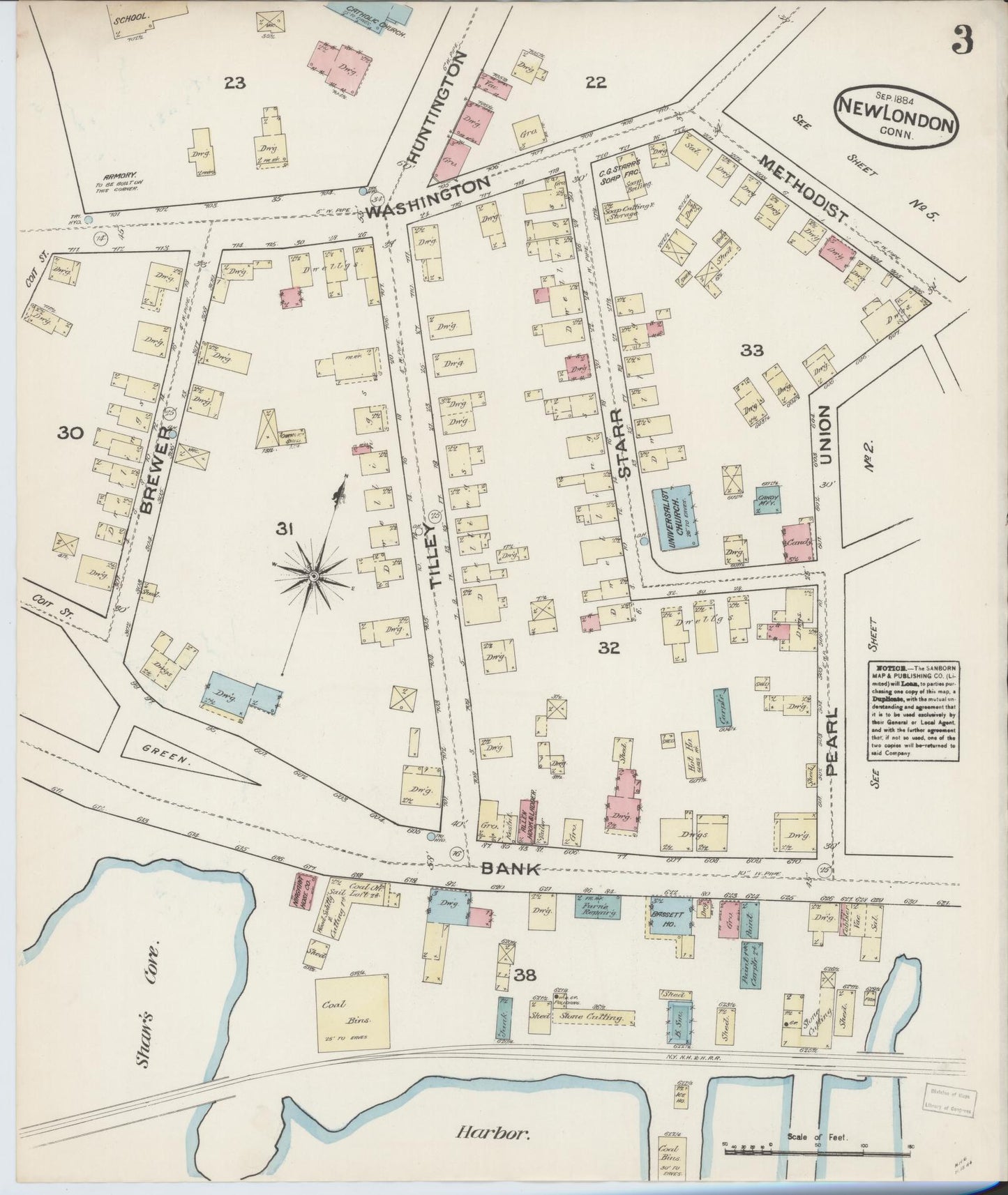 Sanborn Fire Insurance Map from New London, New London County, Connecticut (1884), Sheet #0003 - Complete Map Set gallery image, historic Sanborn map, vintage wall art, Connecticut Connecticut