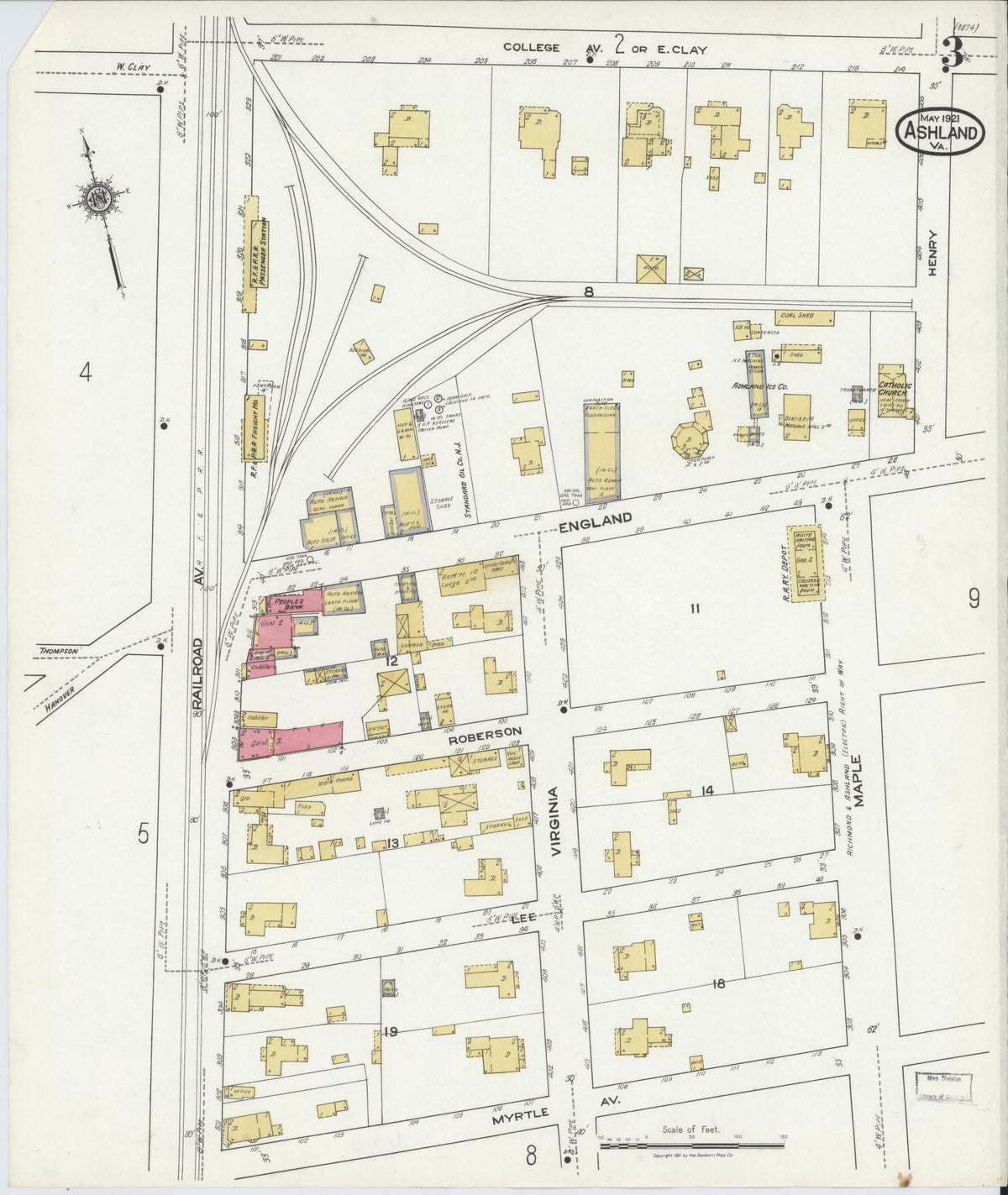 Sanborn Fire Insurance Map from Ashland, Hanover County, Virginia (1921), Sheet #0003 - Complete Map Set gallery image, historic Sanborn map, vintage wall art, Virginia Virginia